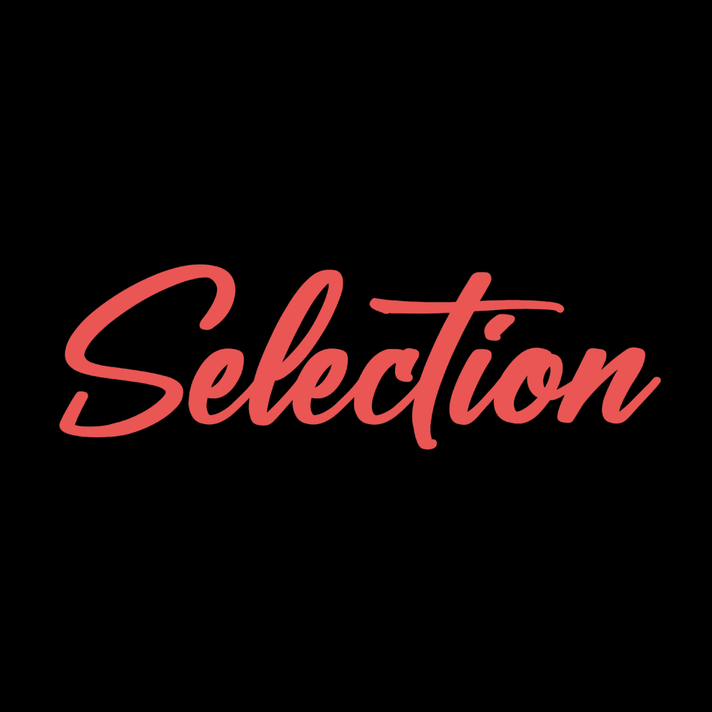 L'image présente le mot « Sélection » écrit dans un style cursif audacieux avec une couleur rouge sur fond noir.