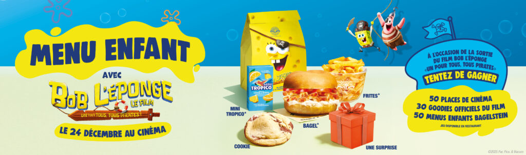 Bannière annonçant un repas pour enfants sur le thème de Bob l'éponge avec un bagel, des frites, un jus de fruit, un cookie, une surprise et un emballage de Bob l'éponge. Inclut des informations sur le concours pour gagner des prix et fait la promotion du film Bob l'éponge dans les salles de cinéma le 24 décembre.